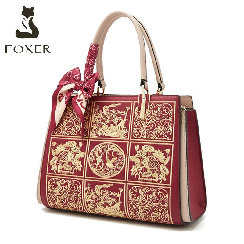FOXER Women Shoulder Handbag New Fall Winter Office Crossbody Lady Medium Tote Chic Split Leather Silk Scarf Printing Pocket Bag