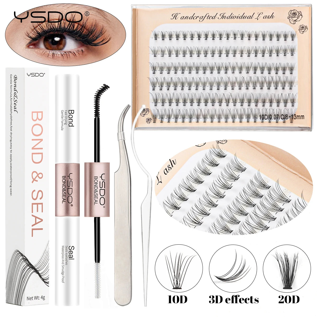 DIY Lash Extension Kit Lash Individual Lashes Clusters8-16mm With Waterproof Lash Bond And Seal Eyelash Tweezers Lash Kit