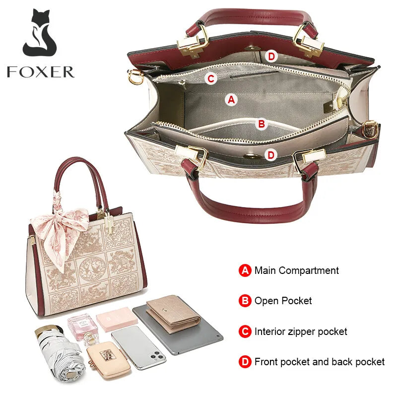 FOXER Women Shoulder Handbag New Fall Winter Office Crossbody Lady Medium Tote Chic Split Leather Silk Scarf Printing Pocket Bag