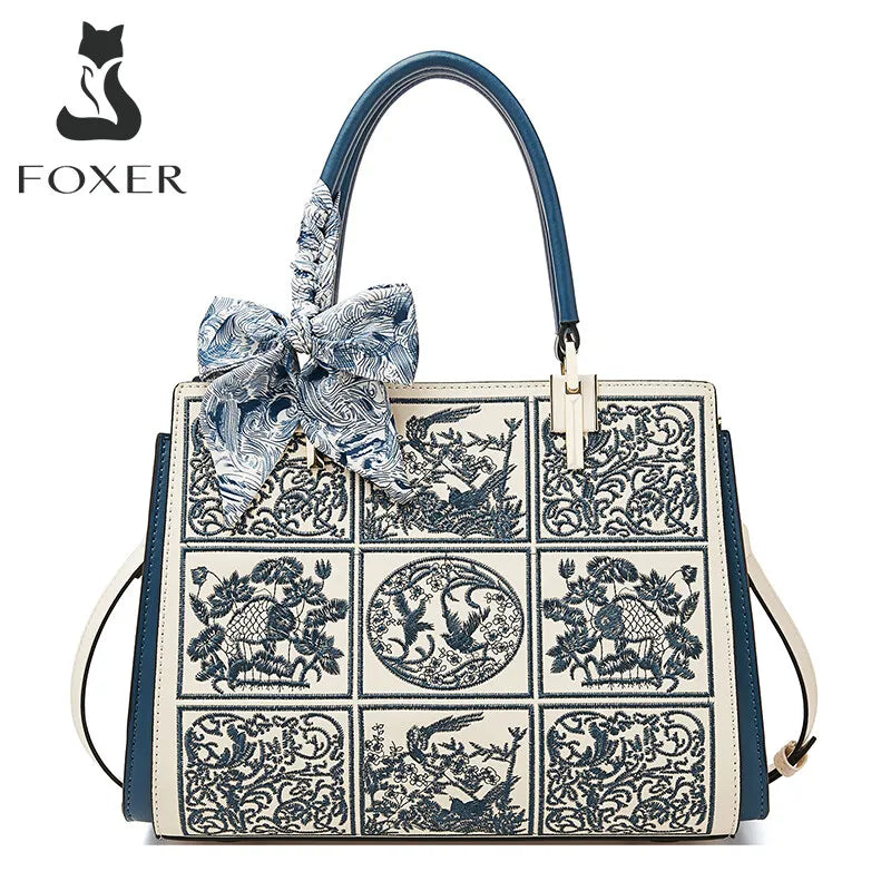 FOXER Women Shoulder Handbag New Fall Winter Office Crossbody Lady Medium Tote Chic Split Leather Silk Scarf Printing Pocket Bag
