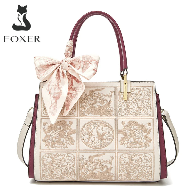FOXER Women Shoulder Handbag New Fall Winter Office Crossbody Lady Medium Tote Chic Split Leather Silk Scarf Printing Pocket Bag