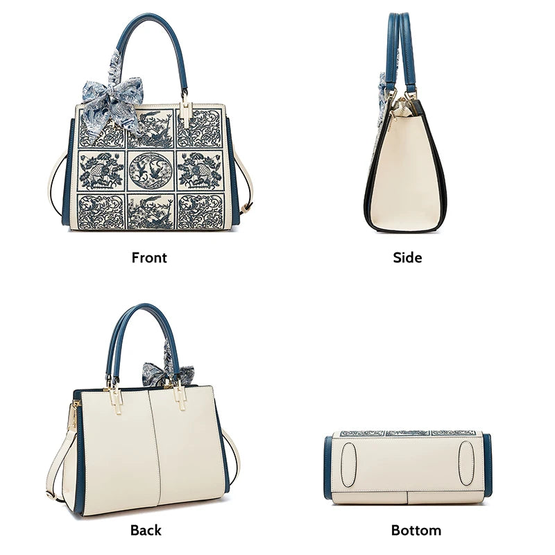 FOXER Women Shoulder Handbag New Fall Winter Office Crossbody Lady Medium Tote Chic Split Leather Silk Scarf Printing Pocket Bag