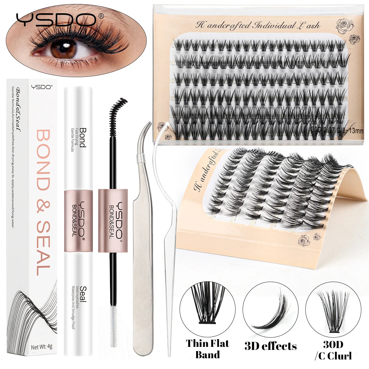 DIY Lash Extension Kit Lash Individual Lashes Clusters8-16mm With Waterproof Lash Bond And Seal Eyelash Tweezers Lash Kit