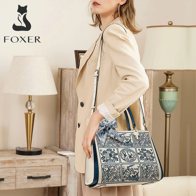 FOXER Women Shoulder Handbag New Fall Winter Office Crossbody Lady Medium Tote Chic Split Leather Silk Scarf Printing Pocket Bag