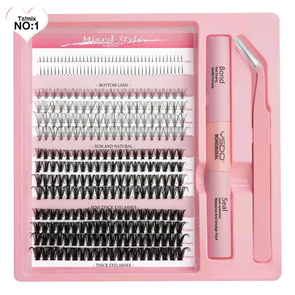 DIY Lash Extension Kit Lash Individual Lashes Clusters8-16mm With Waterproof Lash Bond And Seal Eyelash Tweezers Lash Kit