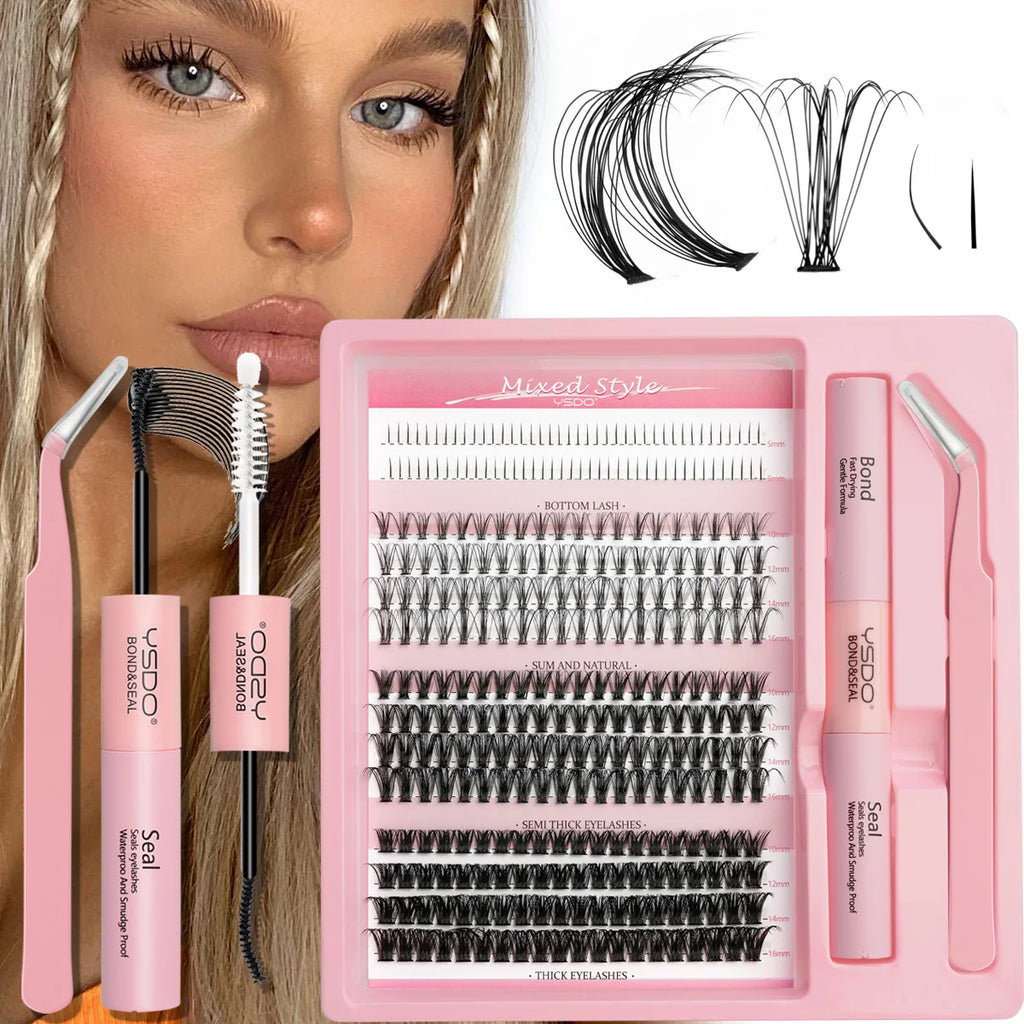 DIY Lash Extension Kit Lash Individual Lashes Clusters8-16mm With Waterproof Lash Bond And Seal Eyelash Tweezers Lash Kit