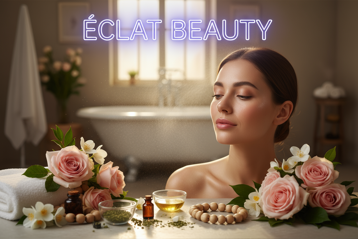 image inspirante qui représente la beauté, le soin, le bien-être. Pensez à des visuels de haute qualité : une femme avec une belle peau, des ingrédients naturels, une ambiance relaxante.Écrit en haut Eclat Beauty en gras et en néon 